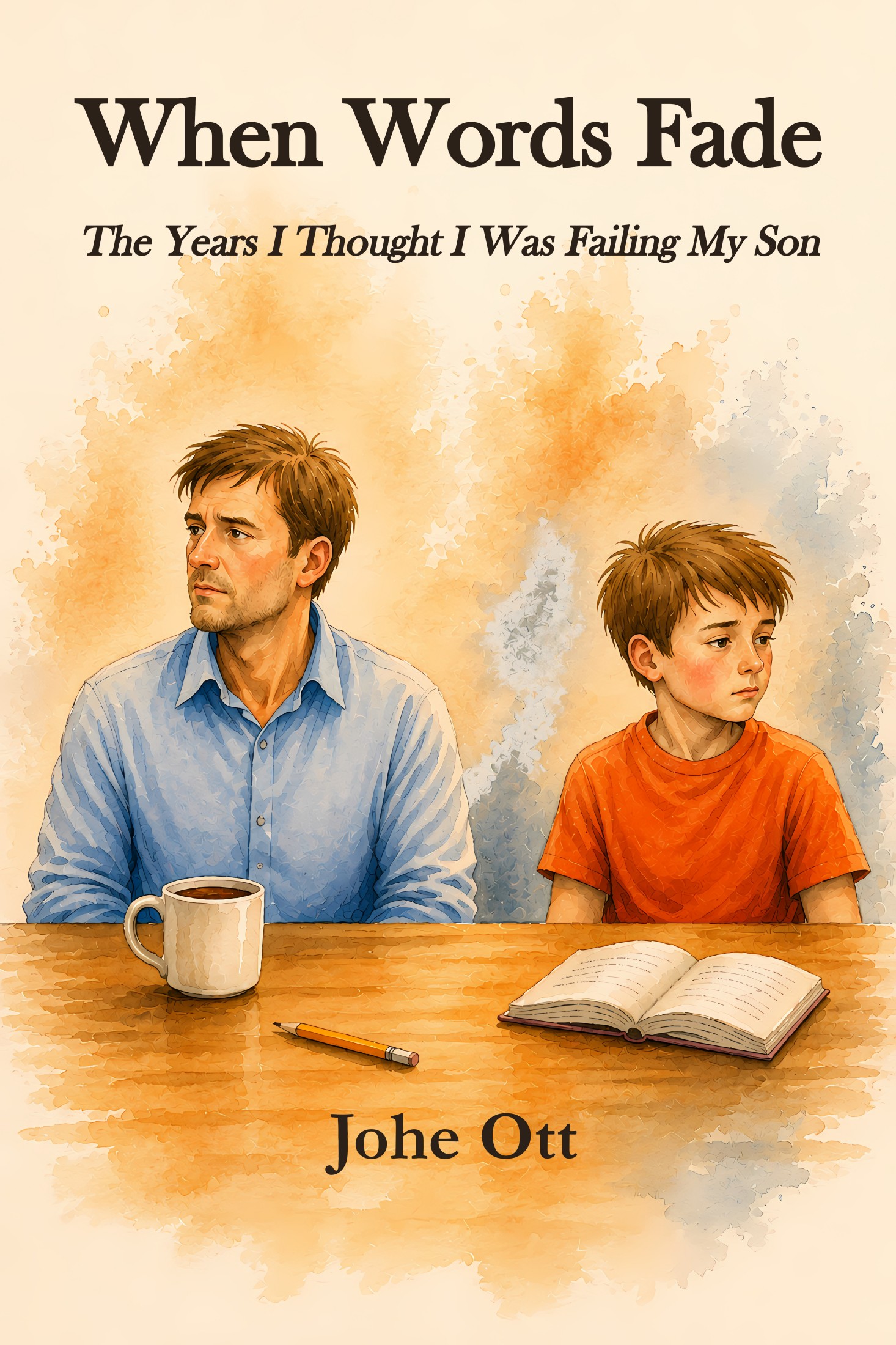 Book cover of When Words Fade: a watercolour of a father and young son sitting at a kitchen table, looking away from each other, with a mug, a pencil and an open book between them.
